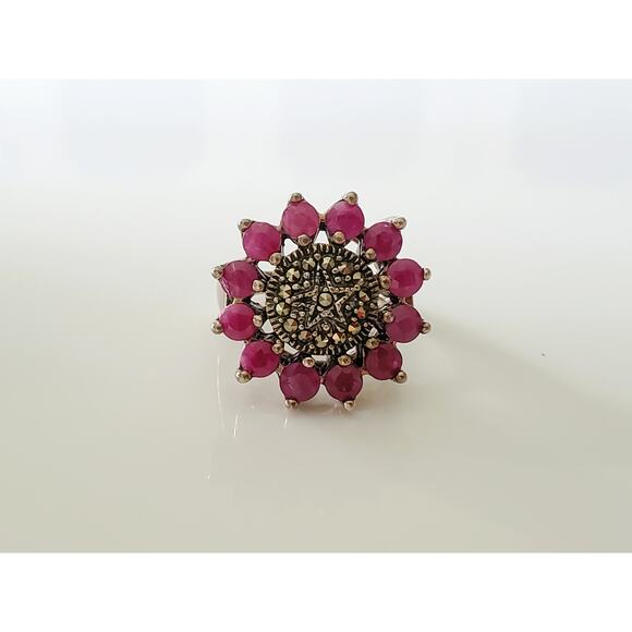 Vintage Sterling Silver Sunflower Ruby and Marcasite Ring - Picture 1 of 7